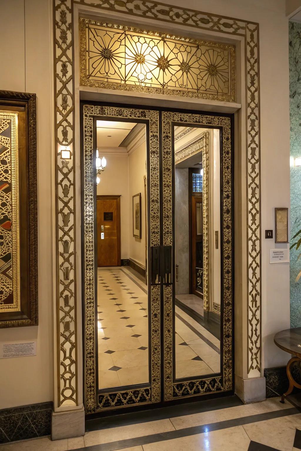 An artistic mirror door that also functions as a stunning art piece.