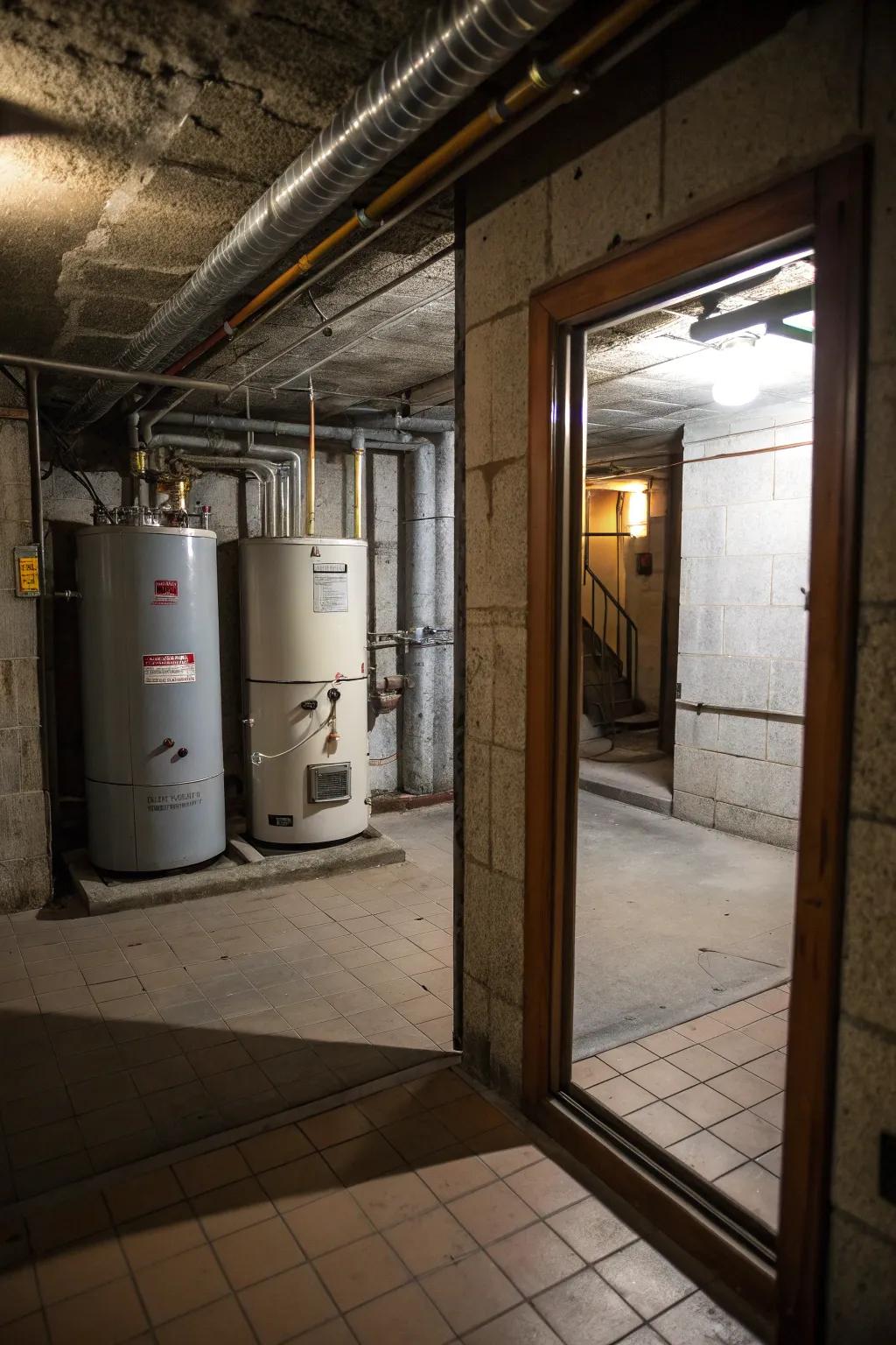 Mirrored doors adding space while hiding utilities.