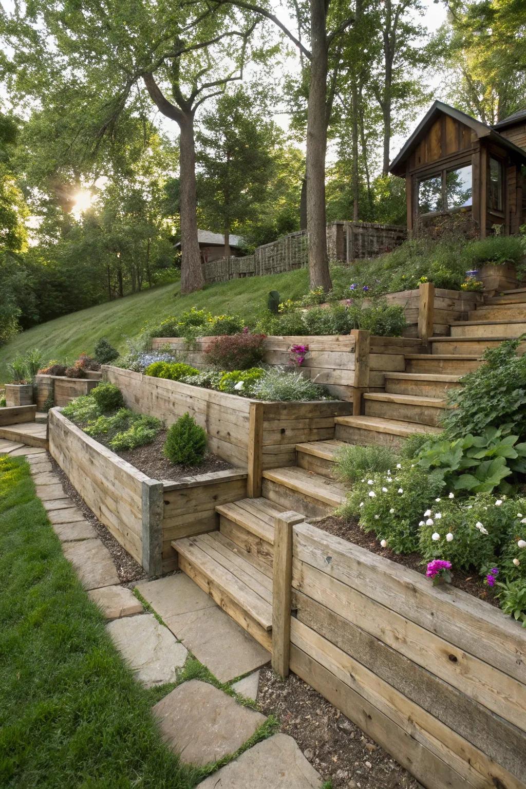 Recycled lumber adds country charm and sustainability to hillside projects.