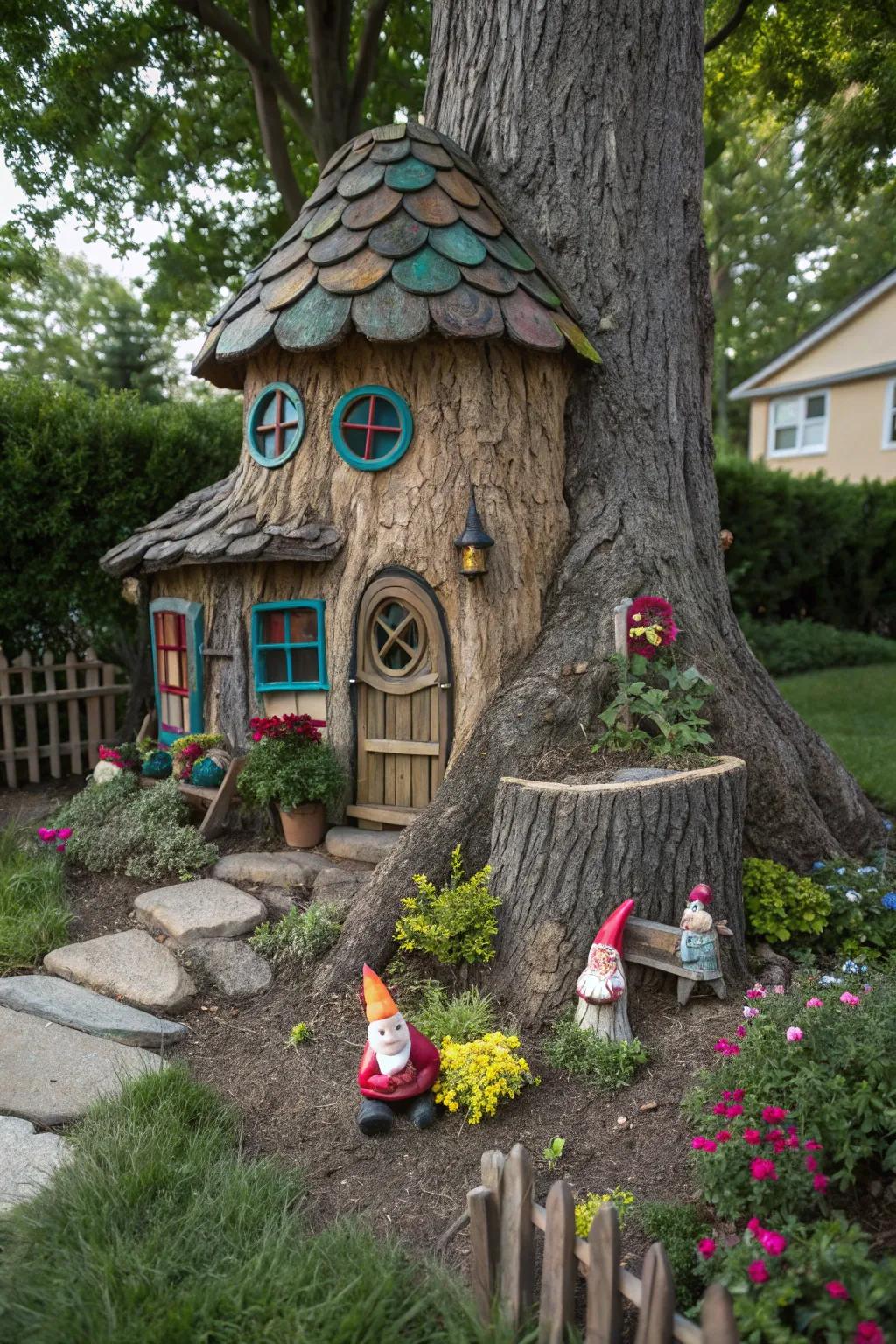 A pixie's abode made from a tree base delivers wonder to your garden.