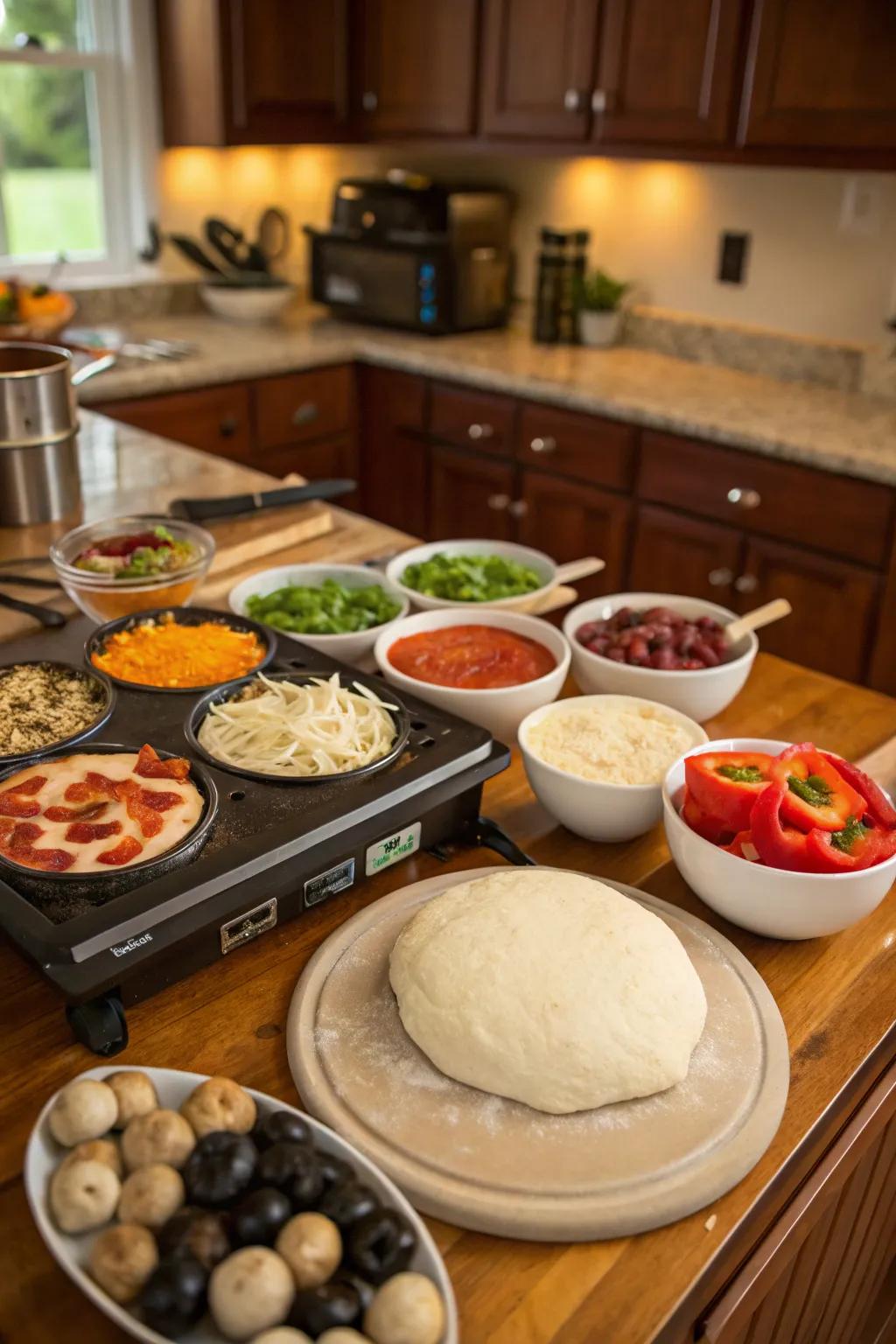 An interactive pizza station that functions as both a dining option and entertainment.