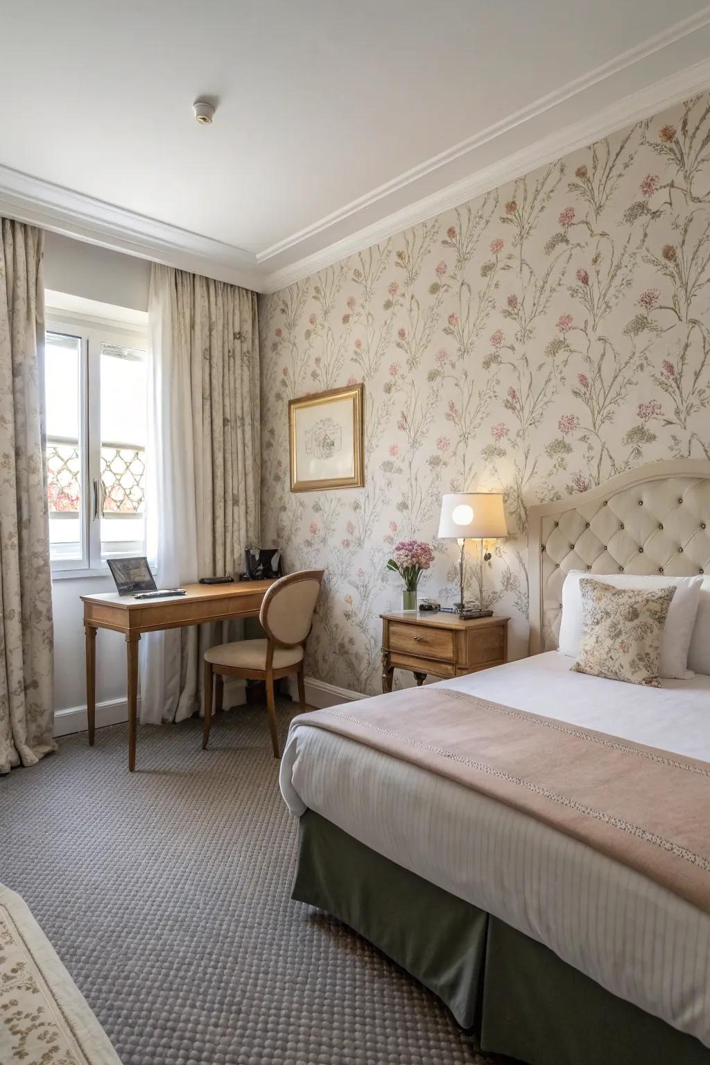 A guest room enhanced with stylish patterned wall covering.