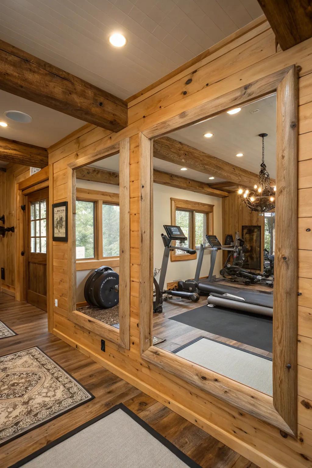 This home gym has rustic charm thanks to the wood framing.