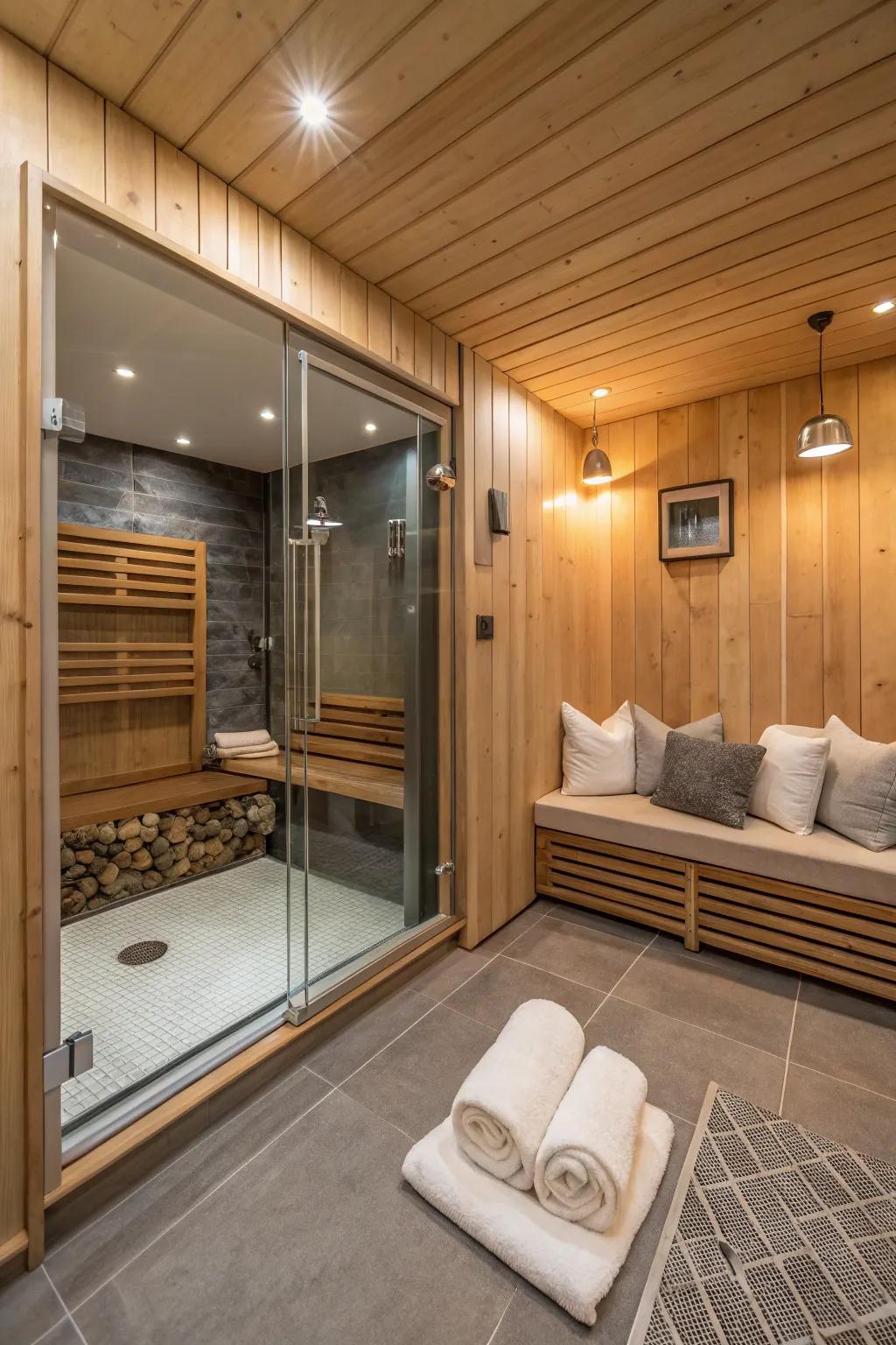 Well-being conveniences complement the soothing environment of this sauna.