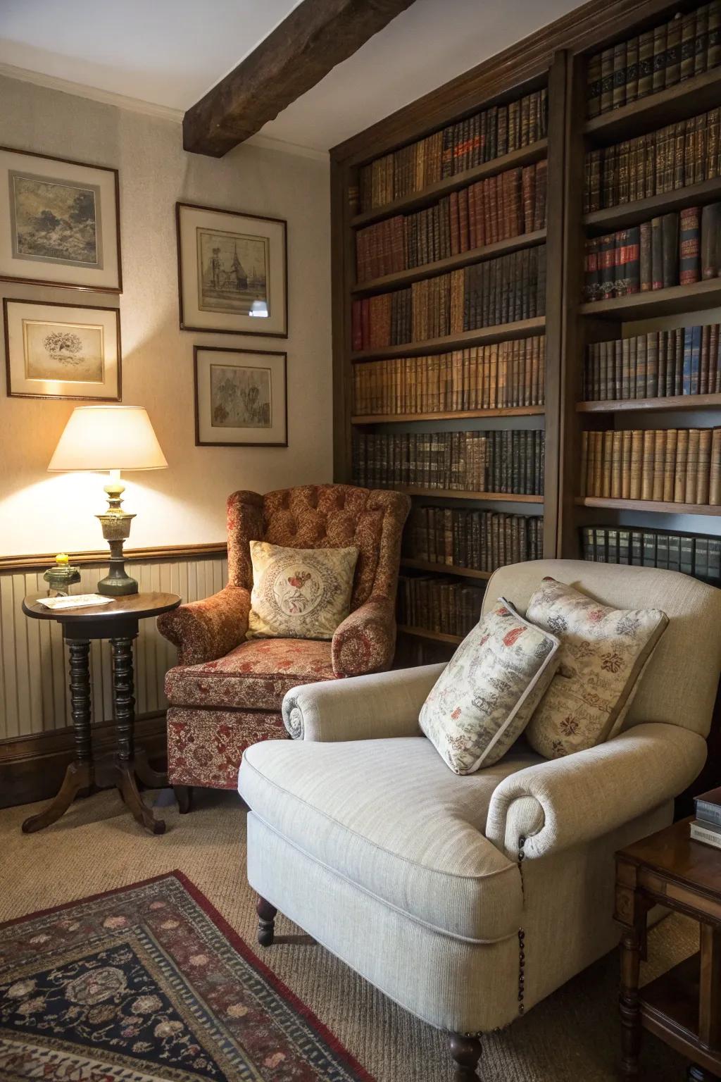 A reading corner contributes charm and a location for quiet reflection.