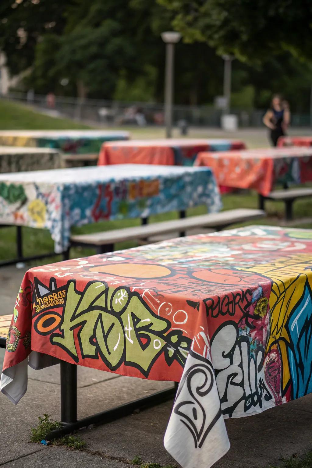 Graffiti tablecloths add a 90s street vibe.
