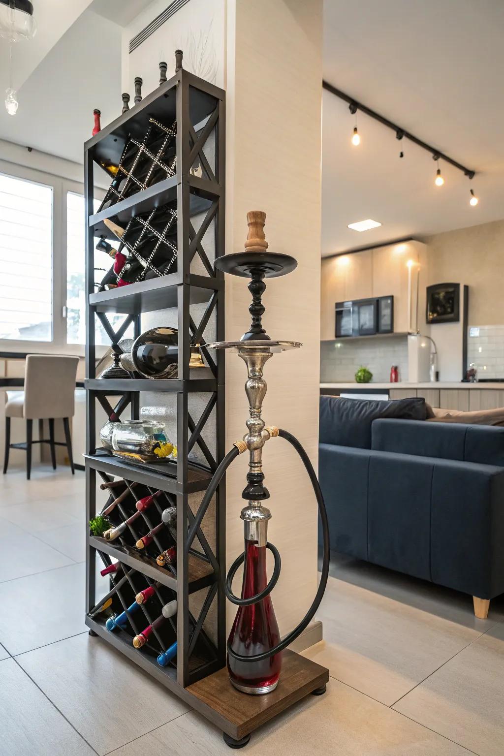 A creatively repurposed wine rack designed for keeping smoking device tubes.