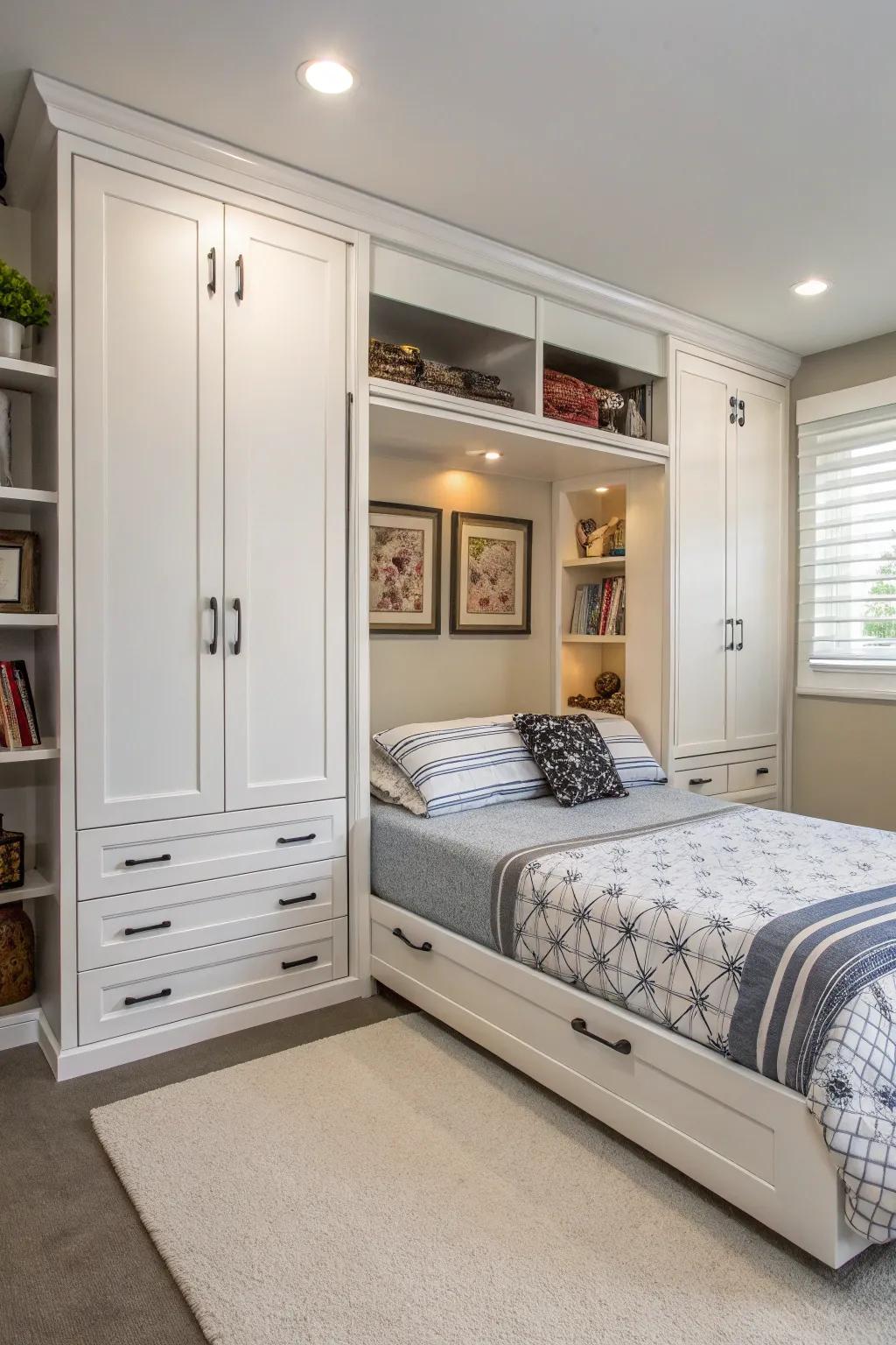 A bedroom optimizing storage with a foldaway bed and integrated cabinets, ideal for organized living.