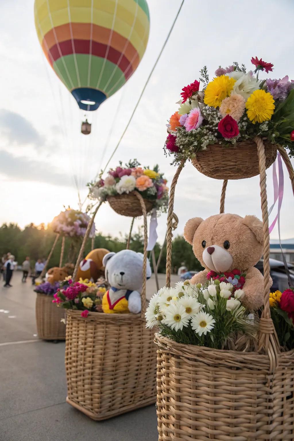 Wicker baskets creatively used as decorative hot air balloon elements.