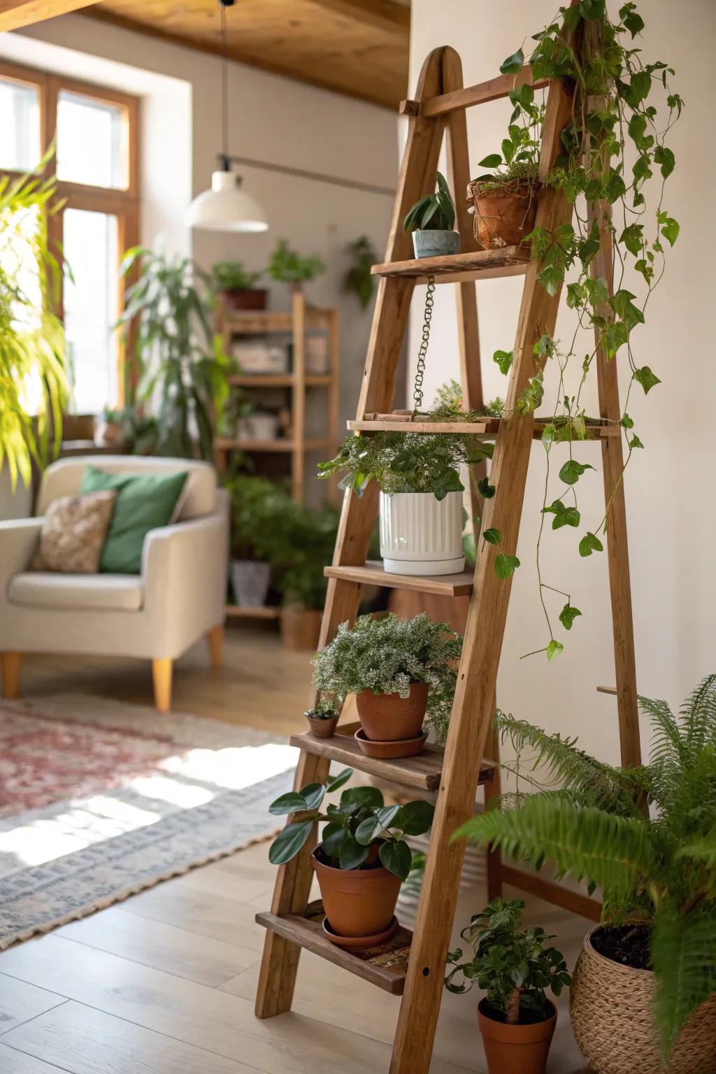 A botanical ladder presents a unique vertical display for your collection.