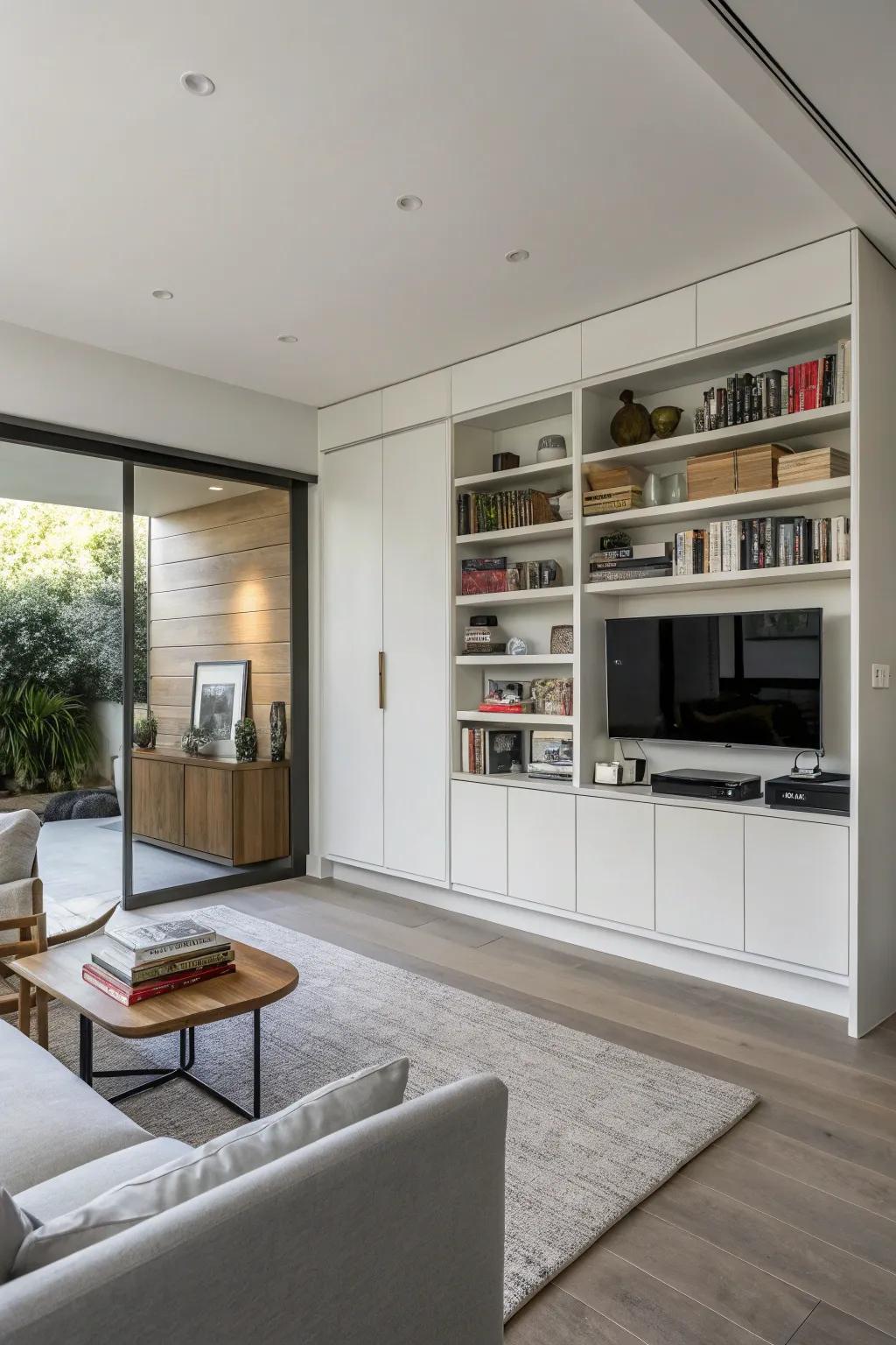 A neat living space equipped with clever hidden storage solutions.