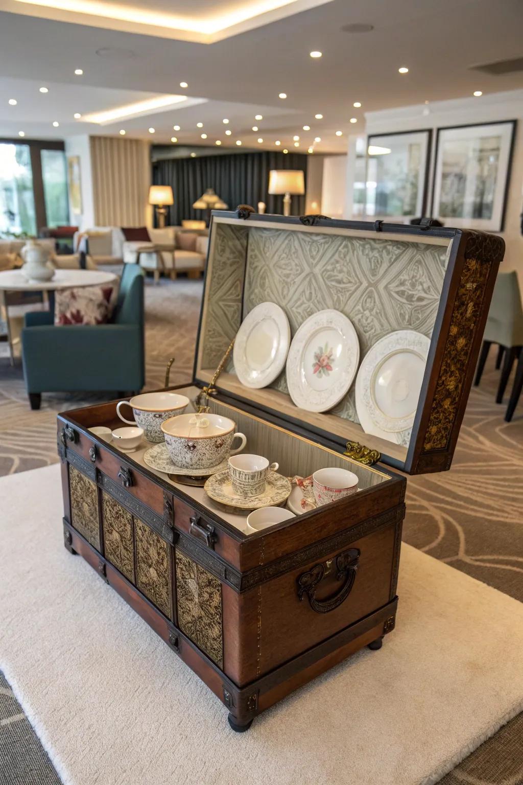 A heritage trunk repurposed as a unique presentation case for dishware.