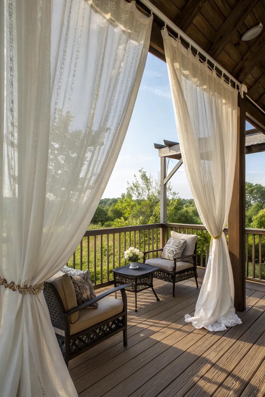 Outdoor drapes add privacy and warmth to your deck in the winter.