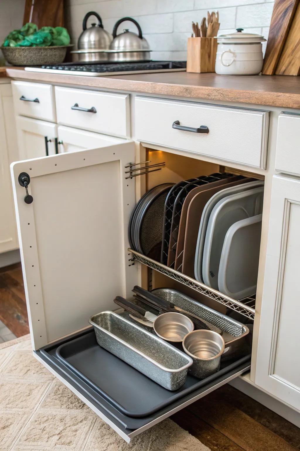 A shoe rack presents a novel solution for bakeware arrangement.