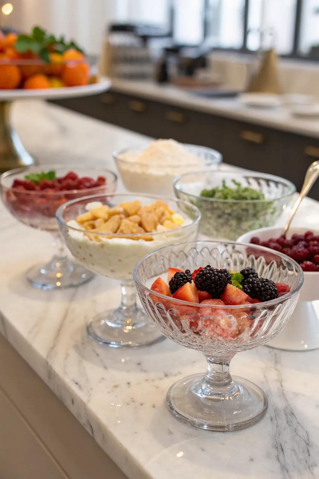 Glass bowls append elegance to your frozen delight spot.