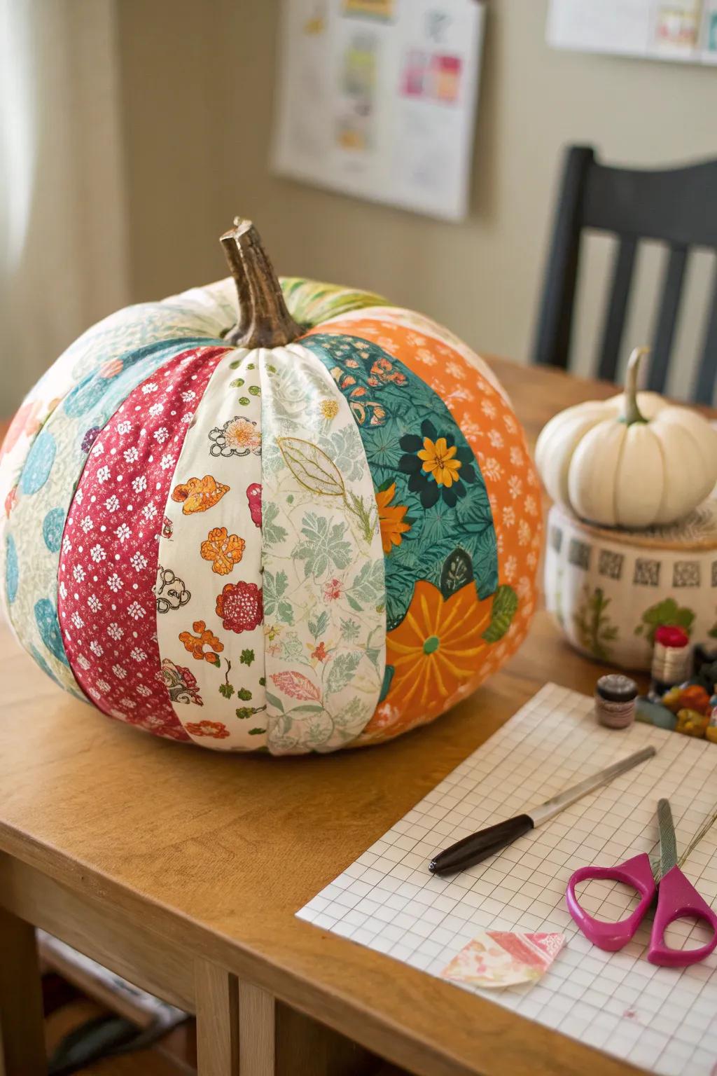 A fabric-covered pumpkin bringing texture and color into focus.