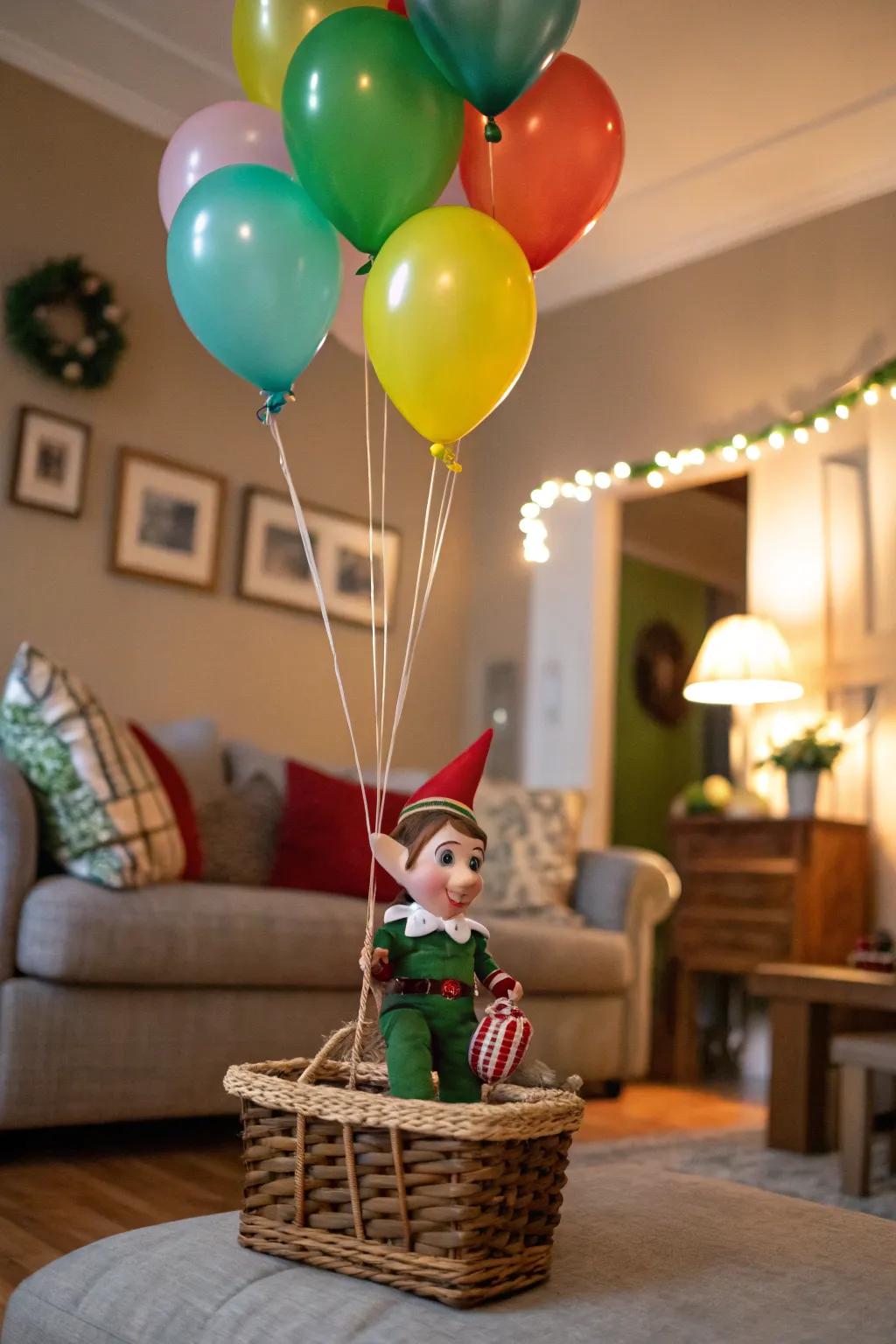 An elf makes a grand entrance with a surprise balloon landing.