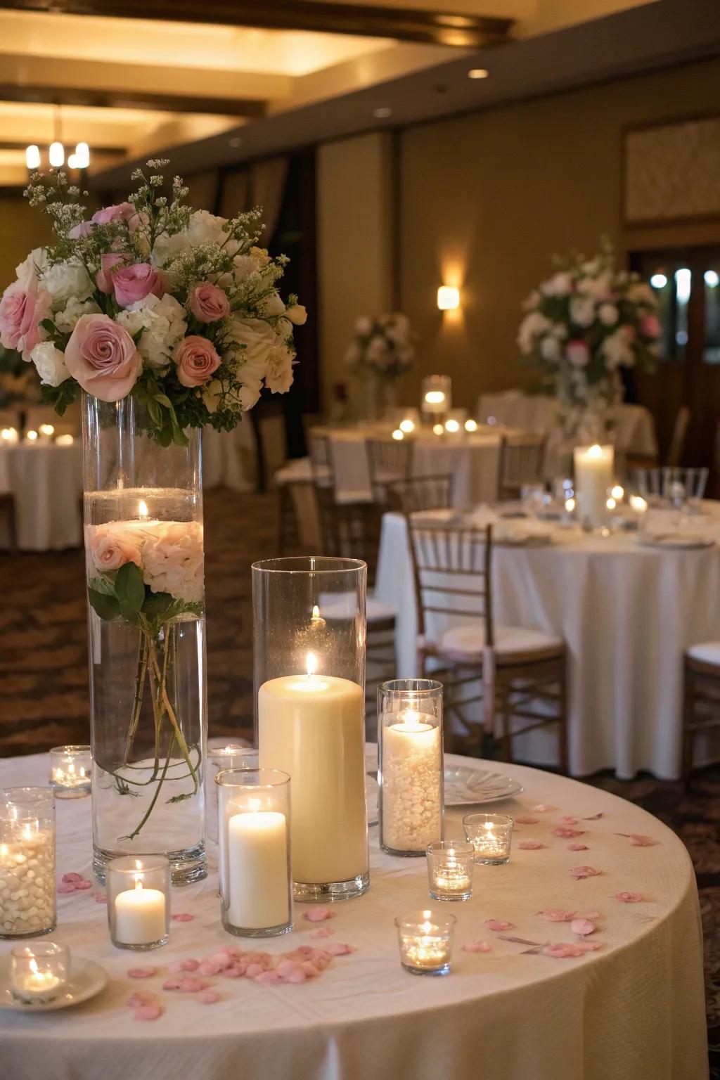 Floating candles creating an amazing centerpiece for the wedding.