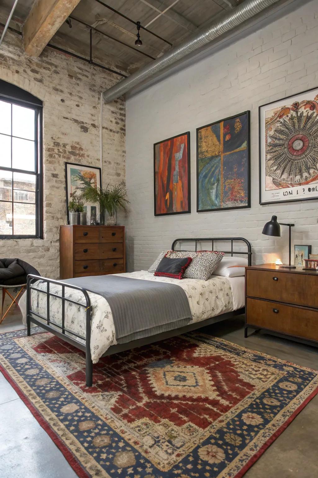 Distinct ornamental accents infuse personality into this industrial sleeping area.