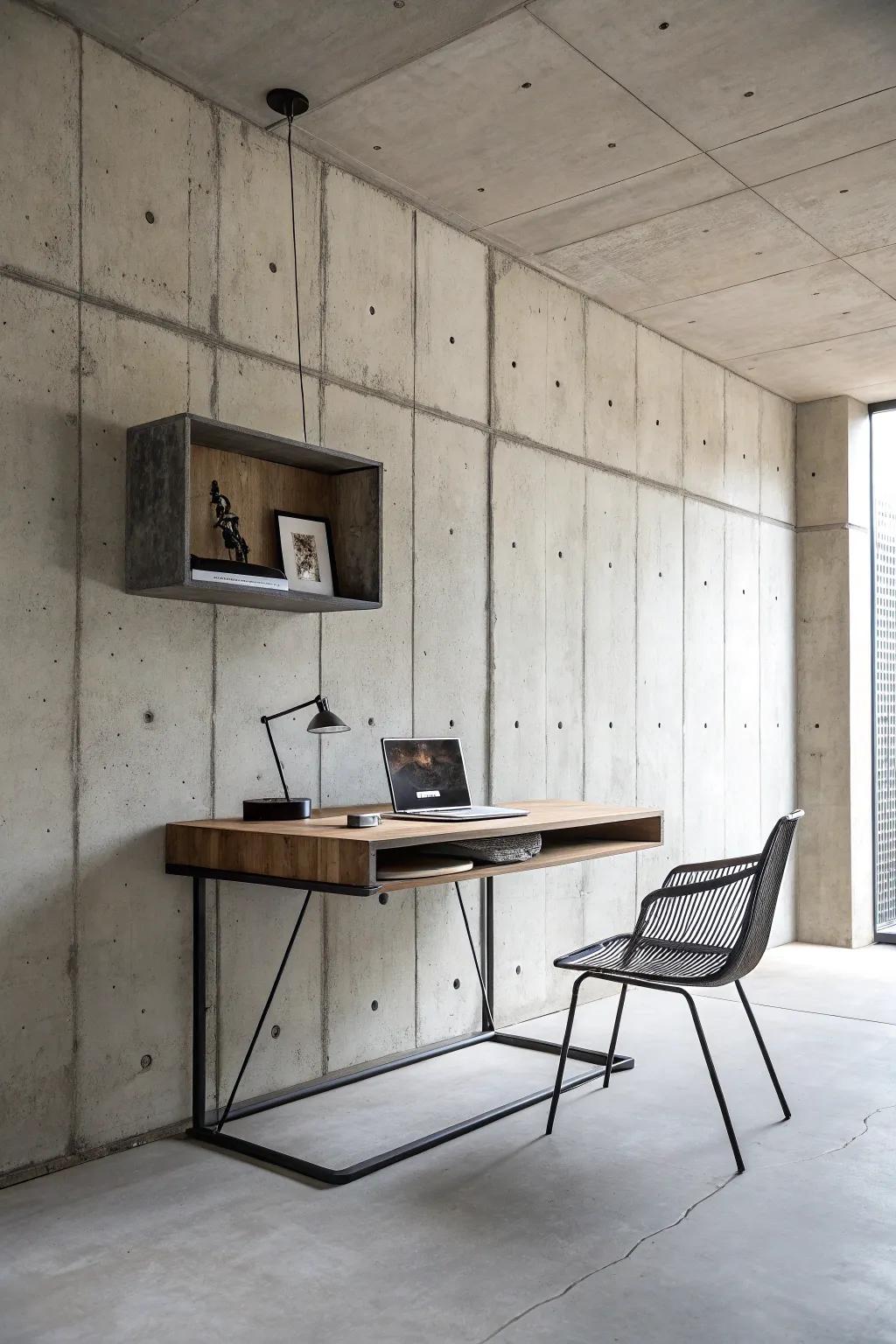 A wall-mounted desk delivers a streamlined and contemporary industrial design.