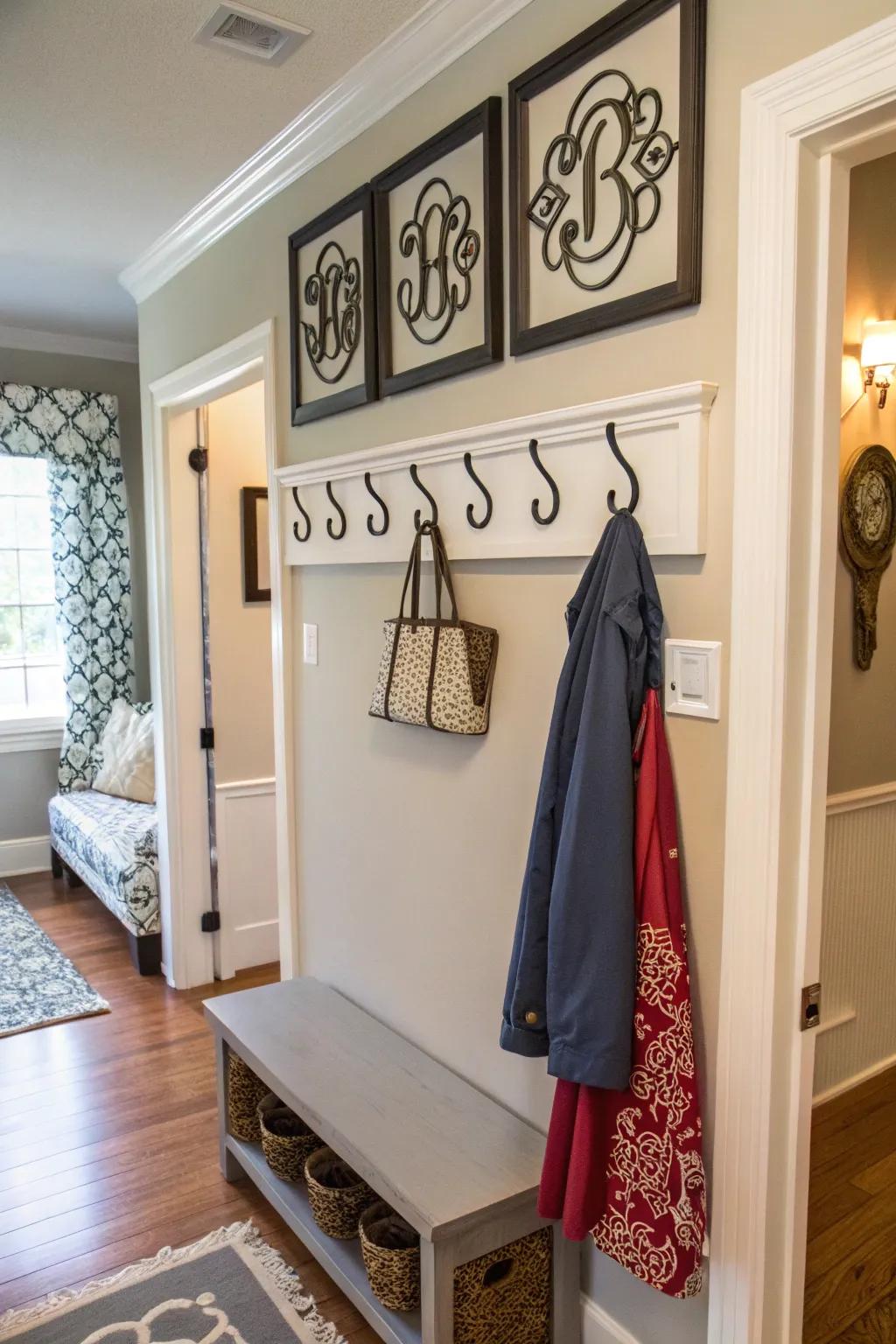 Keep things tidy utilizing chic initial wall hooks.