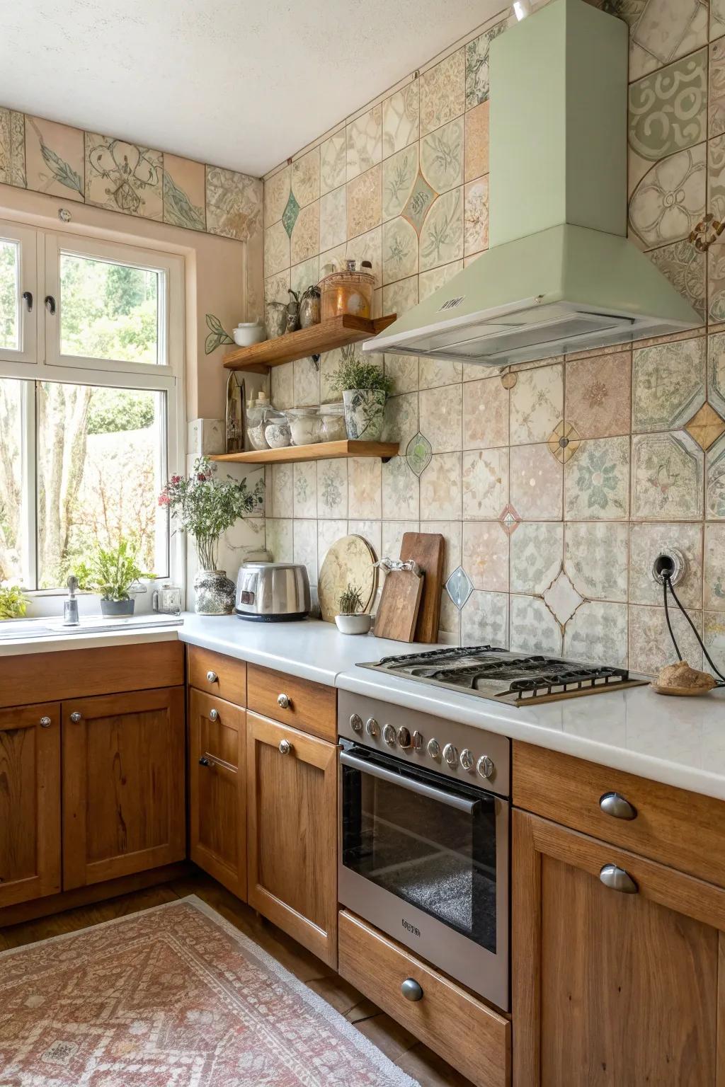 Vintage tiles evoke a nostalgic, romantic ambiance.