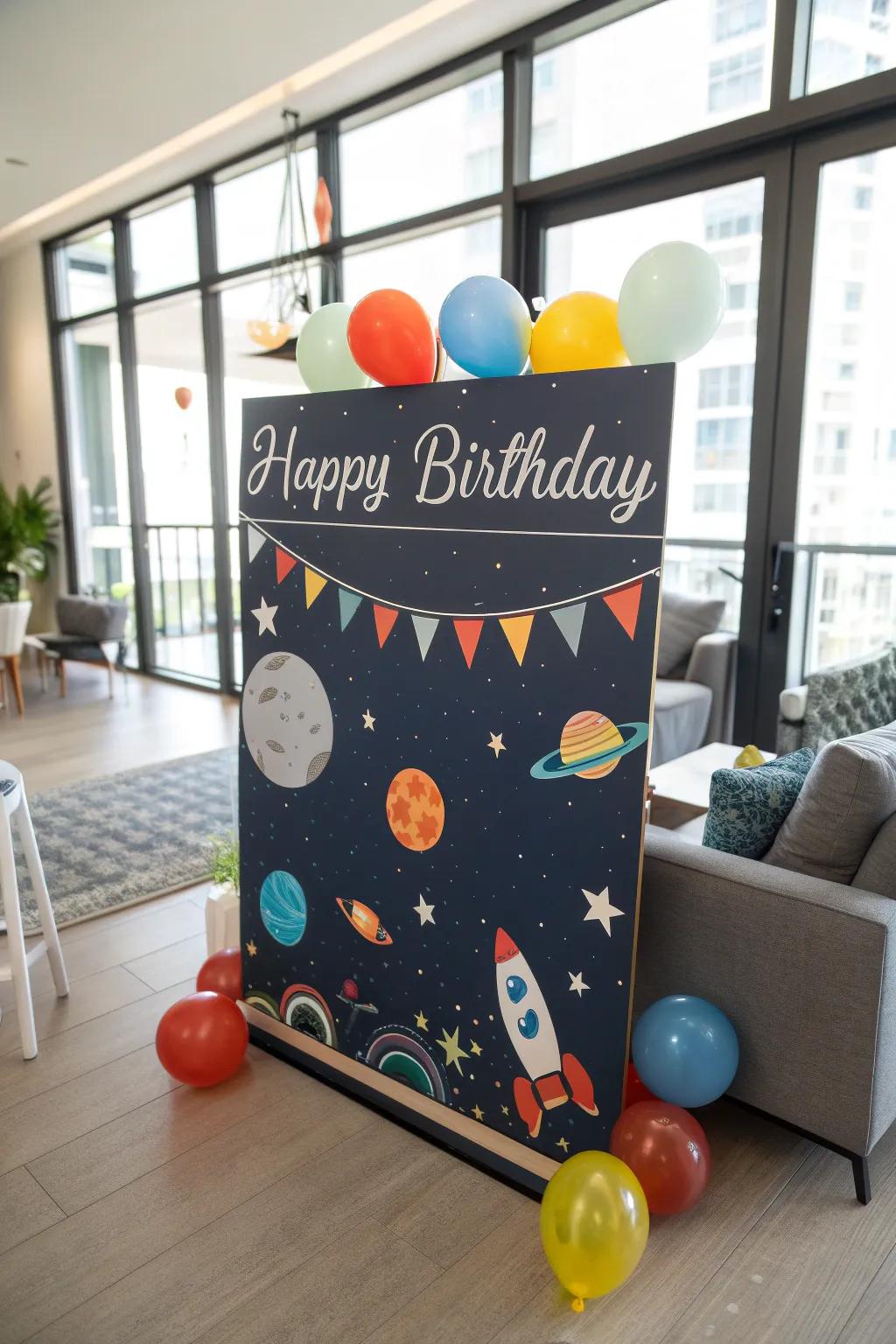 A space-themed birthday board providing a cosmic celebration.