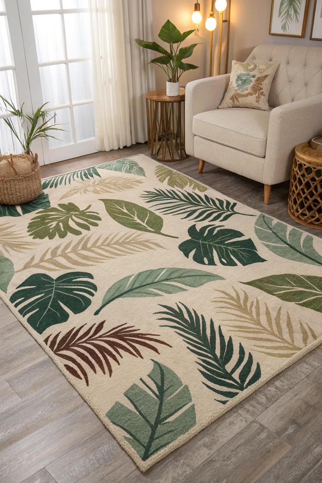 A statement rug can beautifully anchor your jungle-themed space.