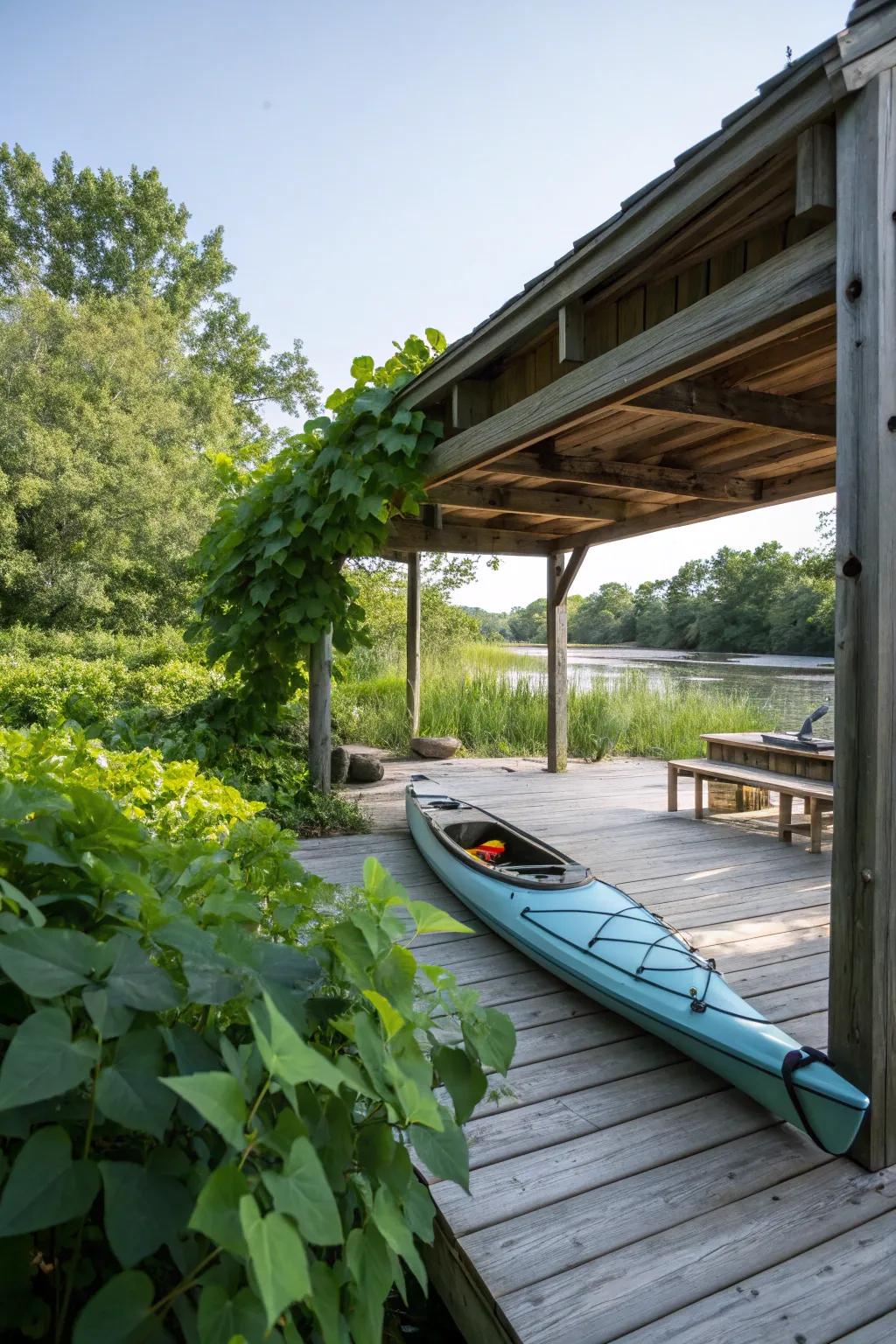 Canoe securely stored under a deck.