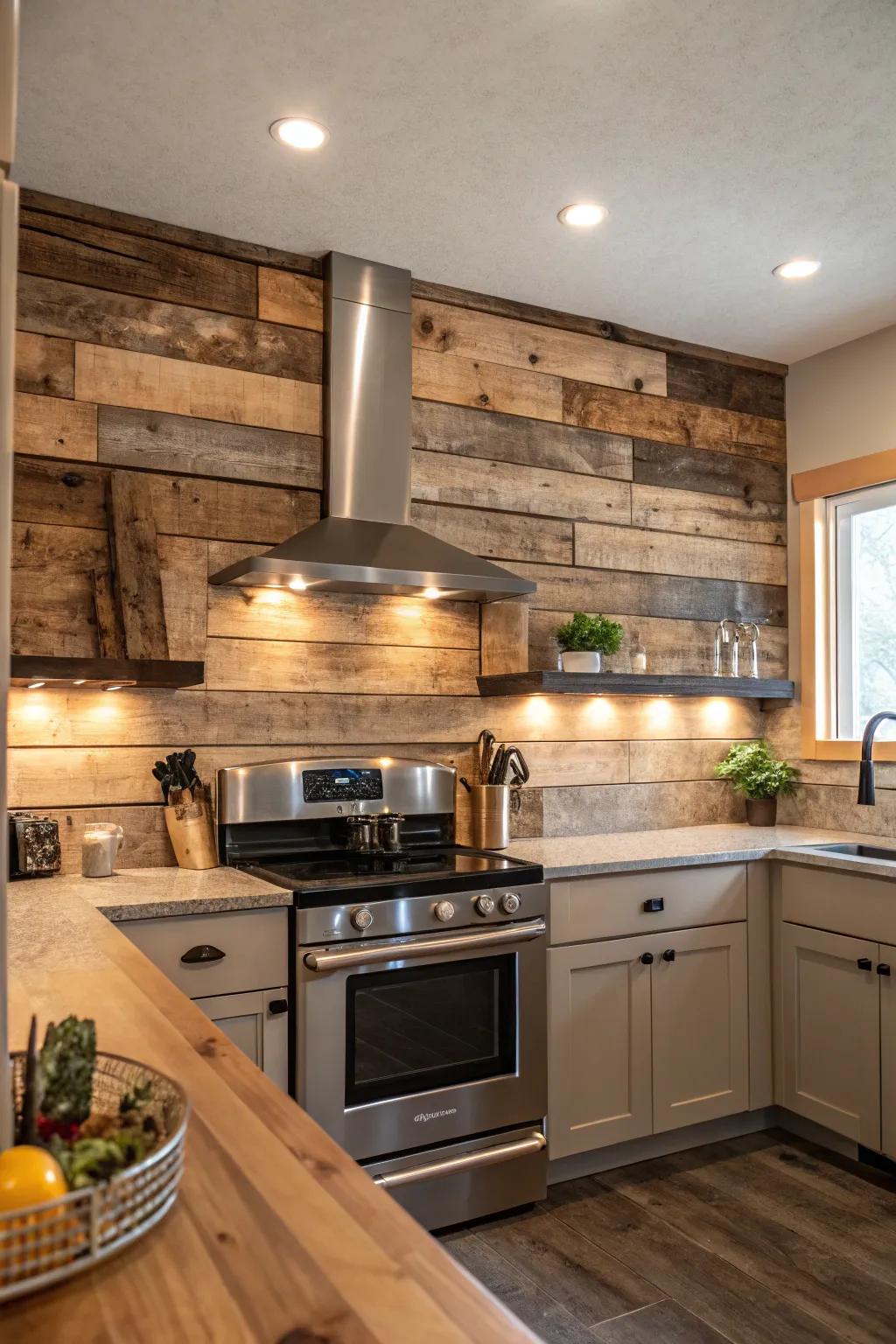 Recovered timber contributes coziness and sustainability to your kitchen's blueprint.