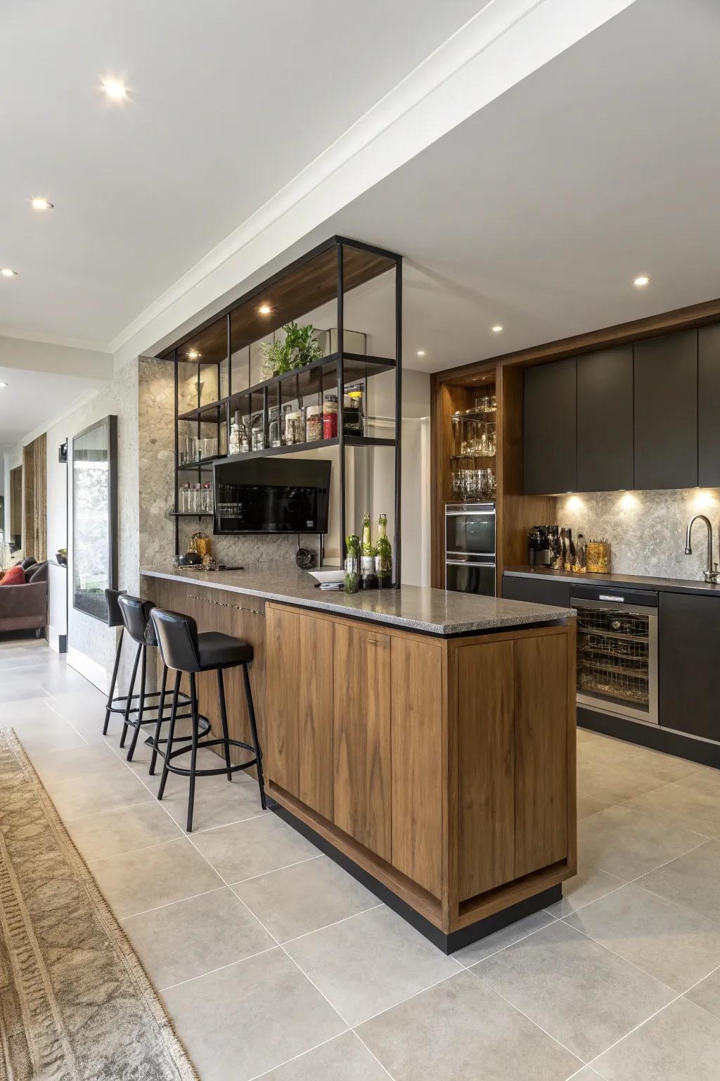 Employ a kitchen bar to subtly define open areas.
