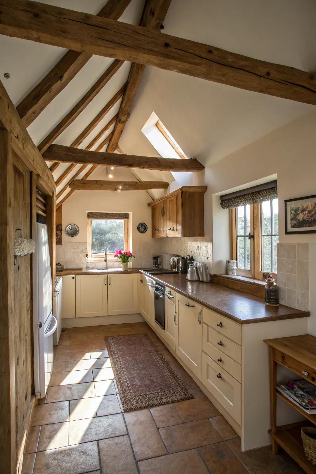Beams can visually enlarge a small kitchen area.