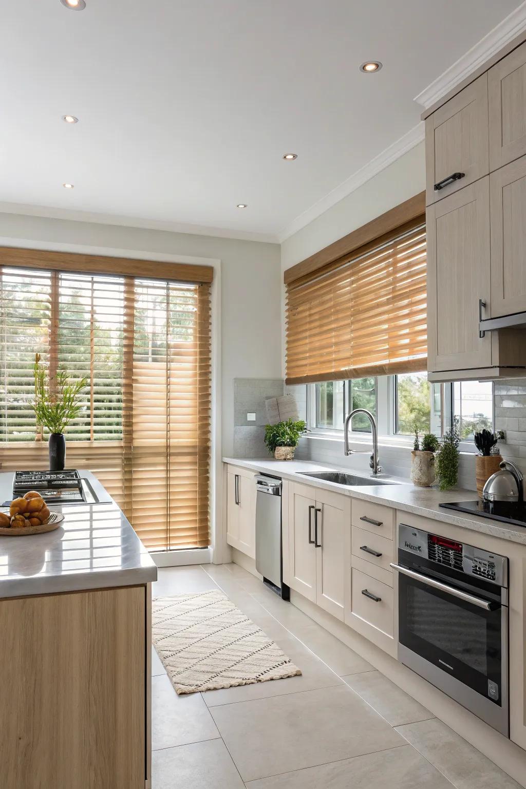 Contemporary kitchen showcasing simulated wood window treatments