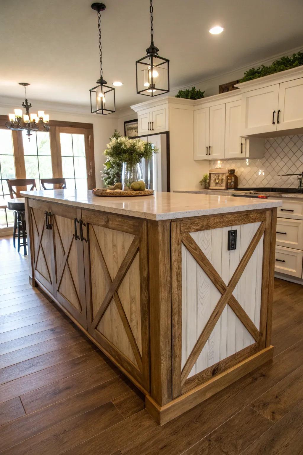 Lively X-shape surround adds a hint of farmhouse elegance to the island.