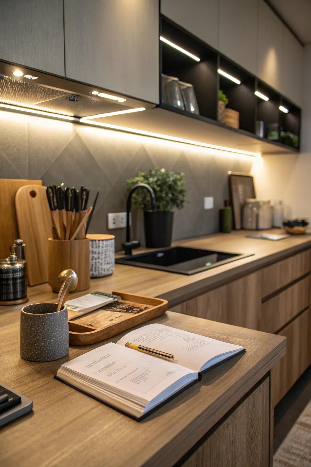 Under-cabinet lighting brightens the kitchen workspace effectively.