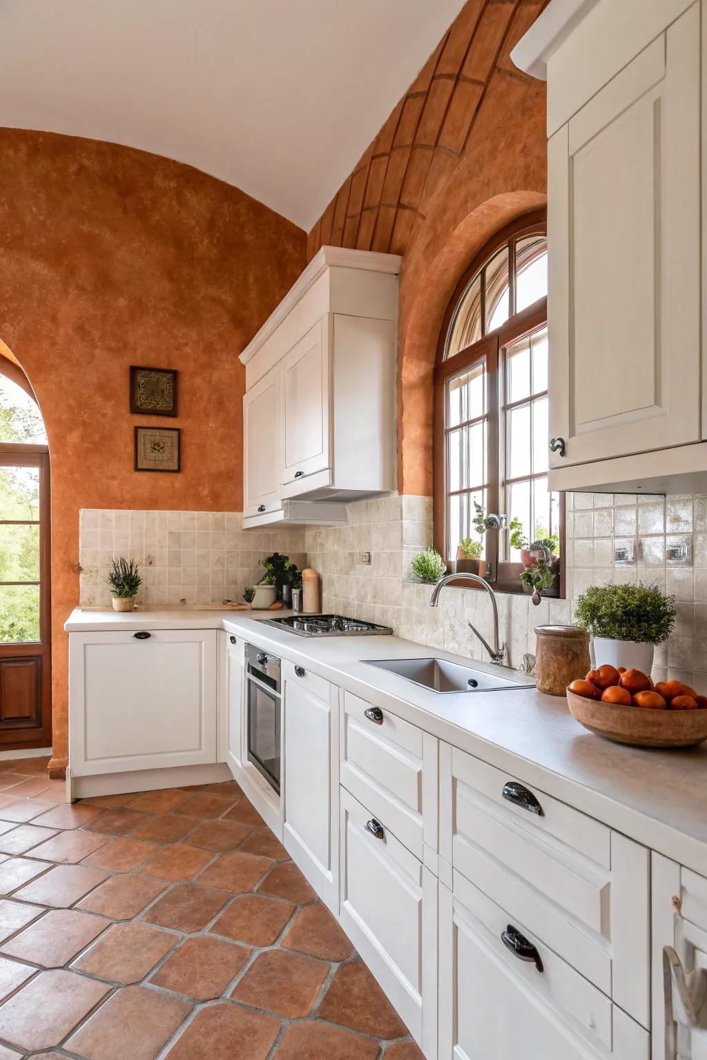 Brick earth walls bring warmth and character to your cooking area.