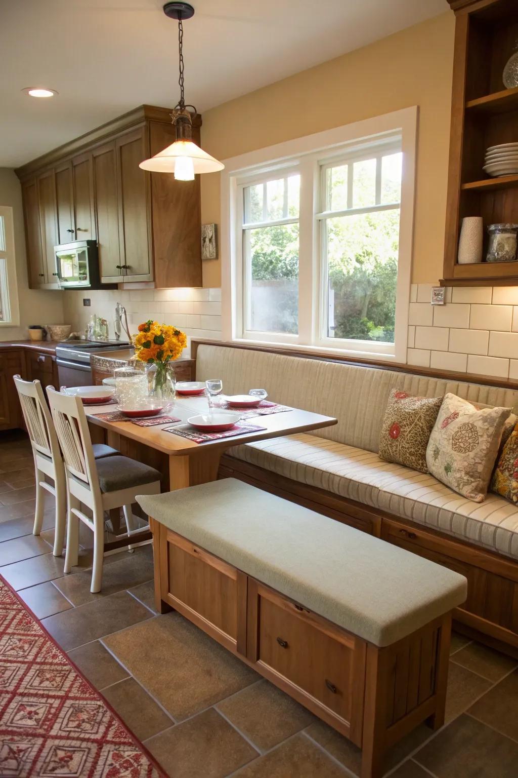 Bench seating is practical and stylish.
