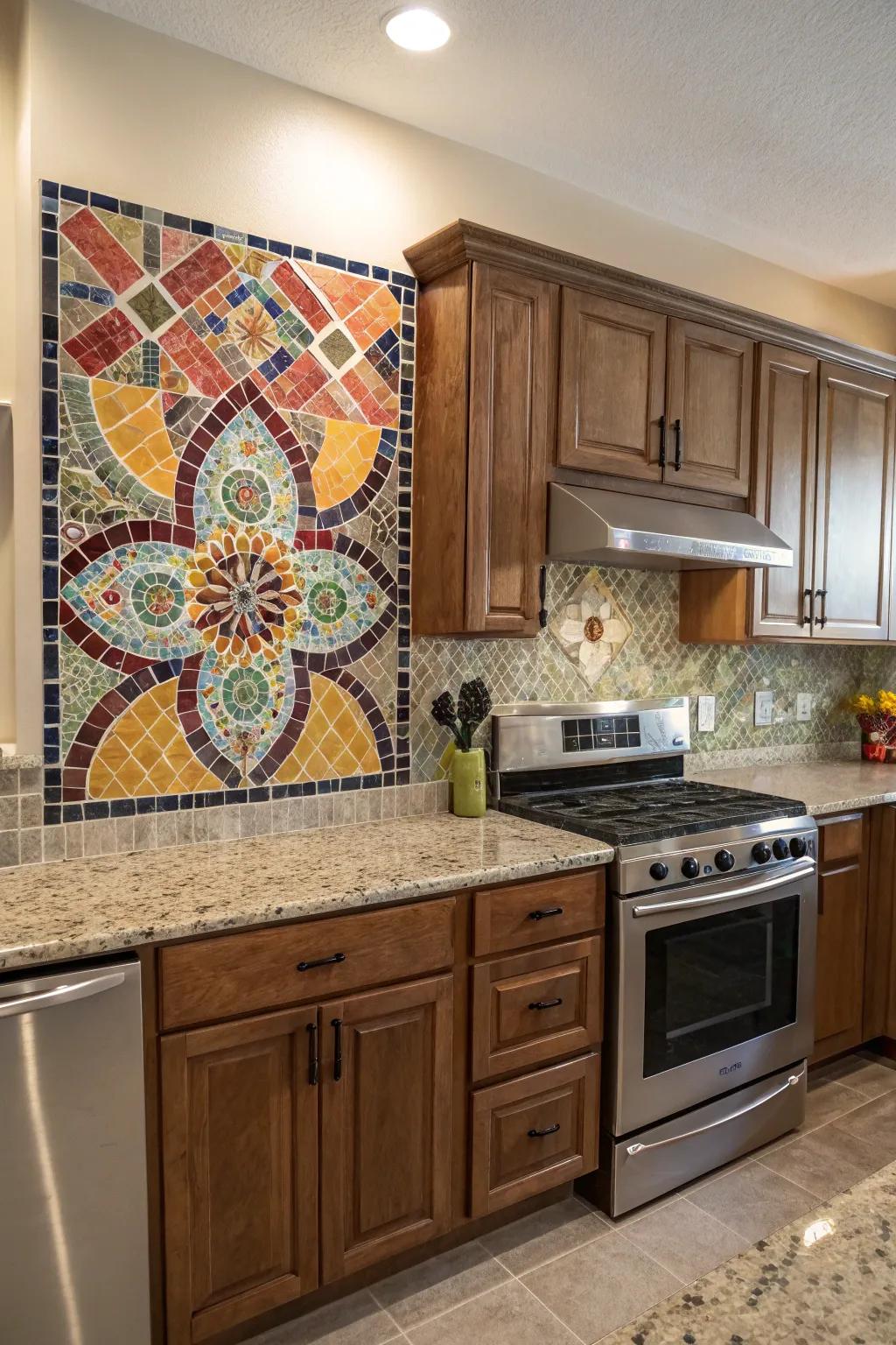A creative patterned tile backsplash acts as the focal point in this kitchen.