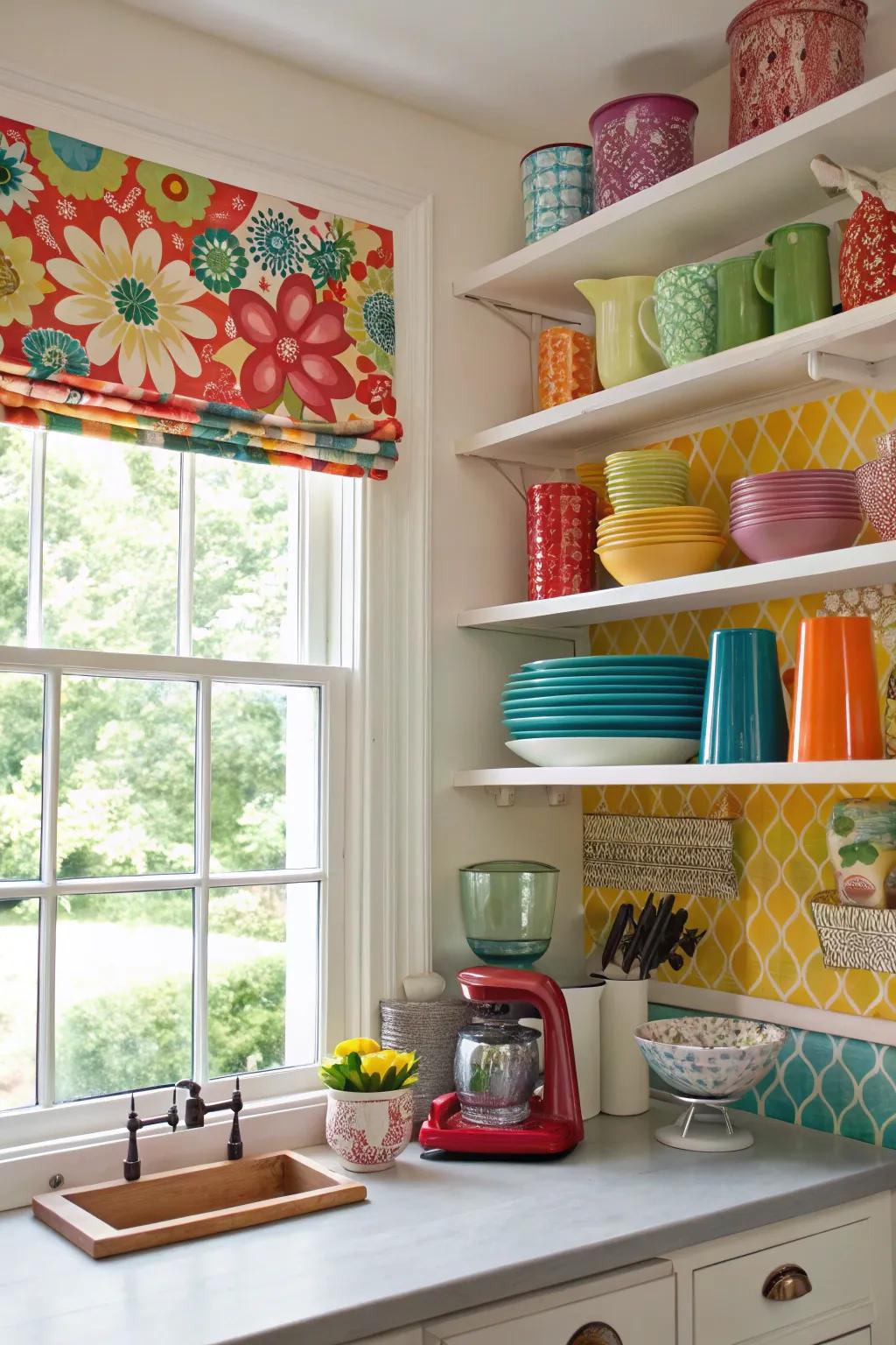 A striking backdrop color gives kitchen shelves energy and character.