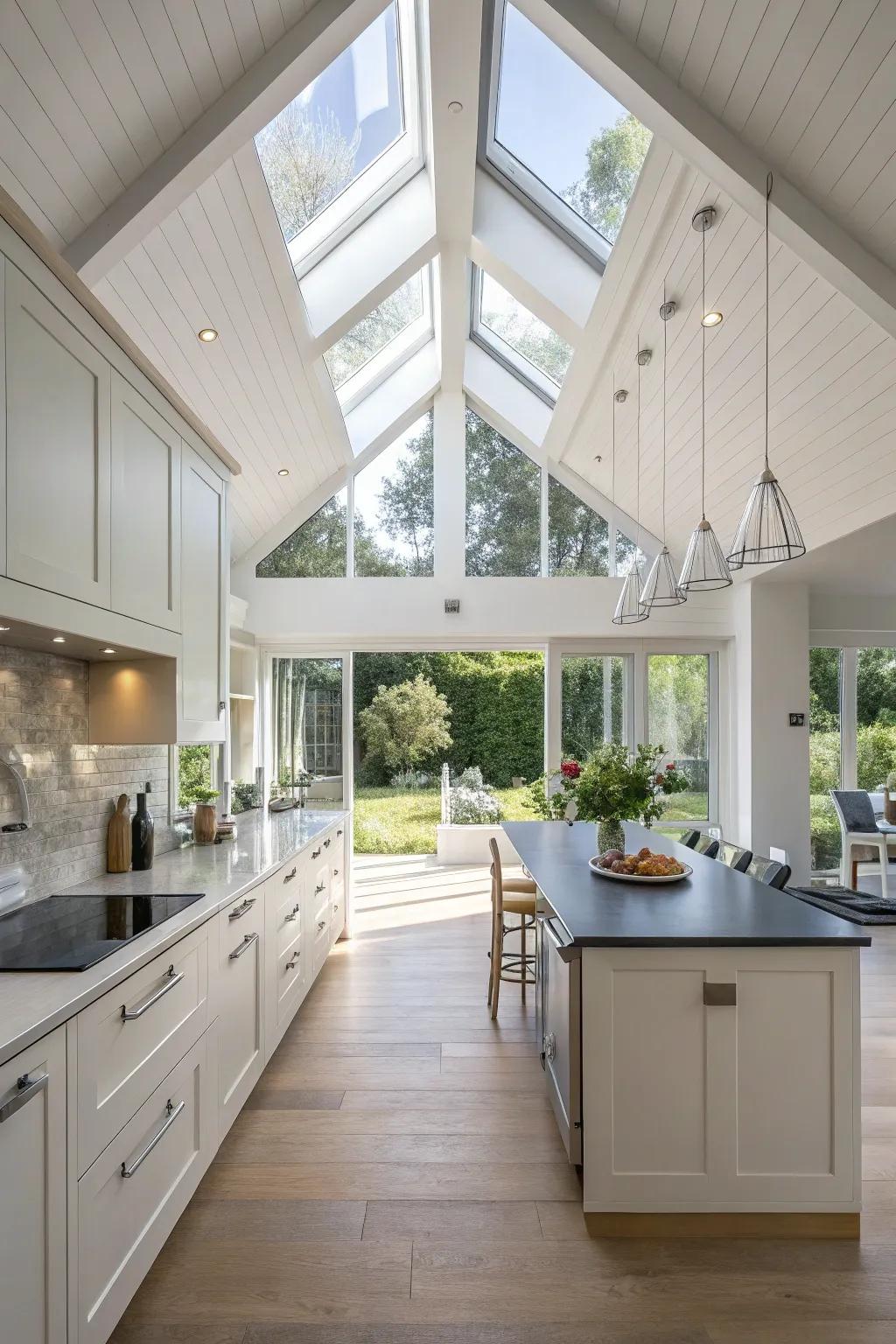 High-level windows brighten this modern kitchen with a vaulted ceiling.