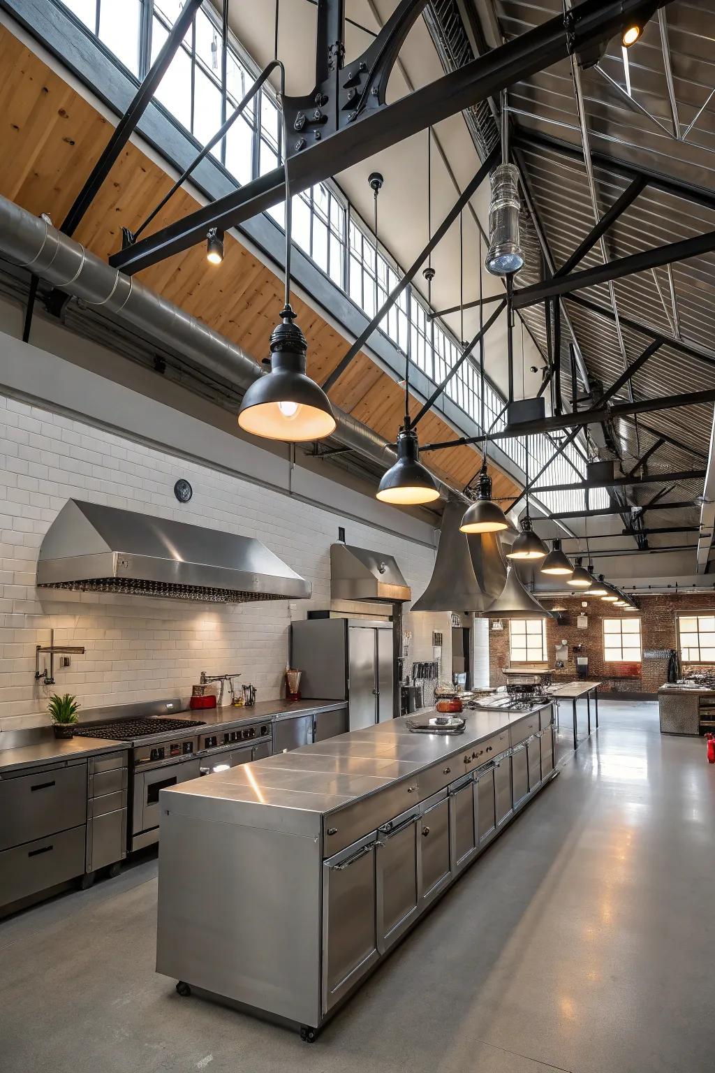 Factory touches give a modern appeal to this peak ceiling kitchen.