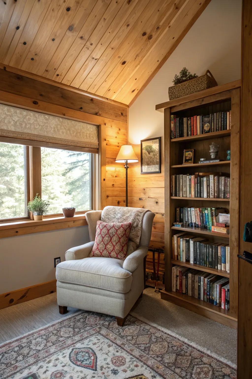 A cozy nook defined by the warmth of a wood-clad ceiling.