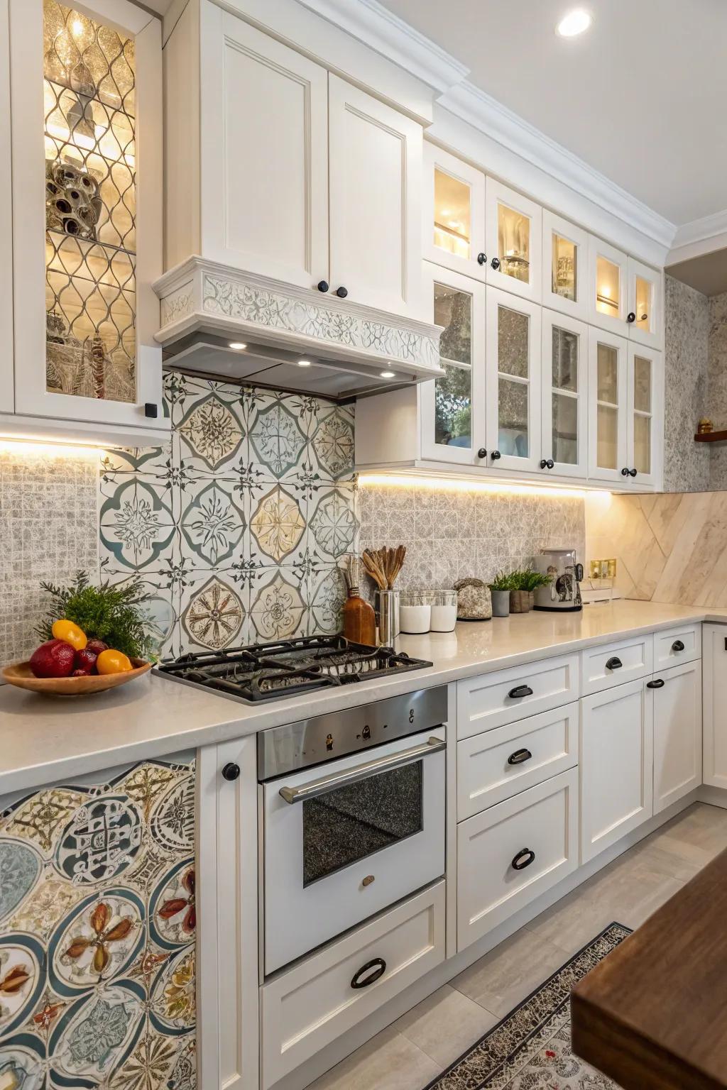 Create intrigue using an intermix and complement shape synthetic backsplash.