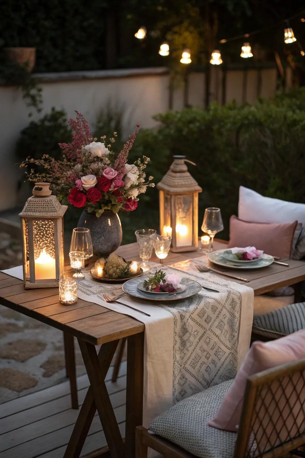 Establish a sentimental ambiance through softly lit lanterns.