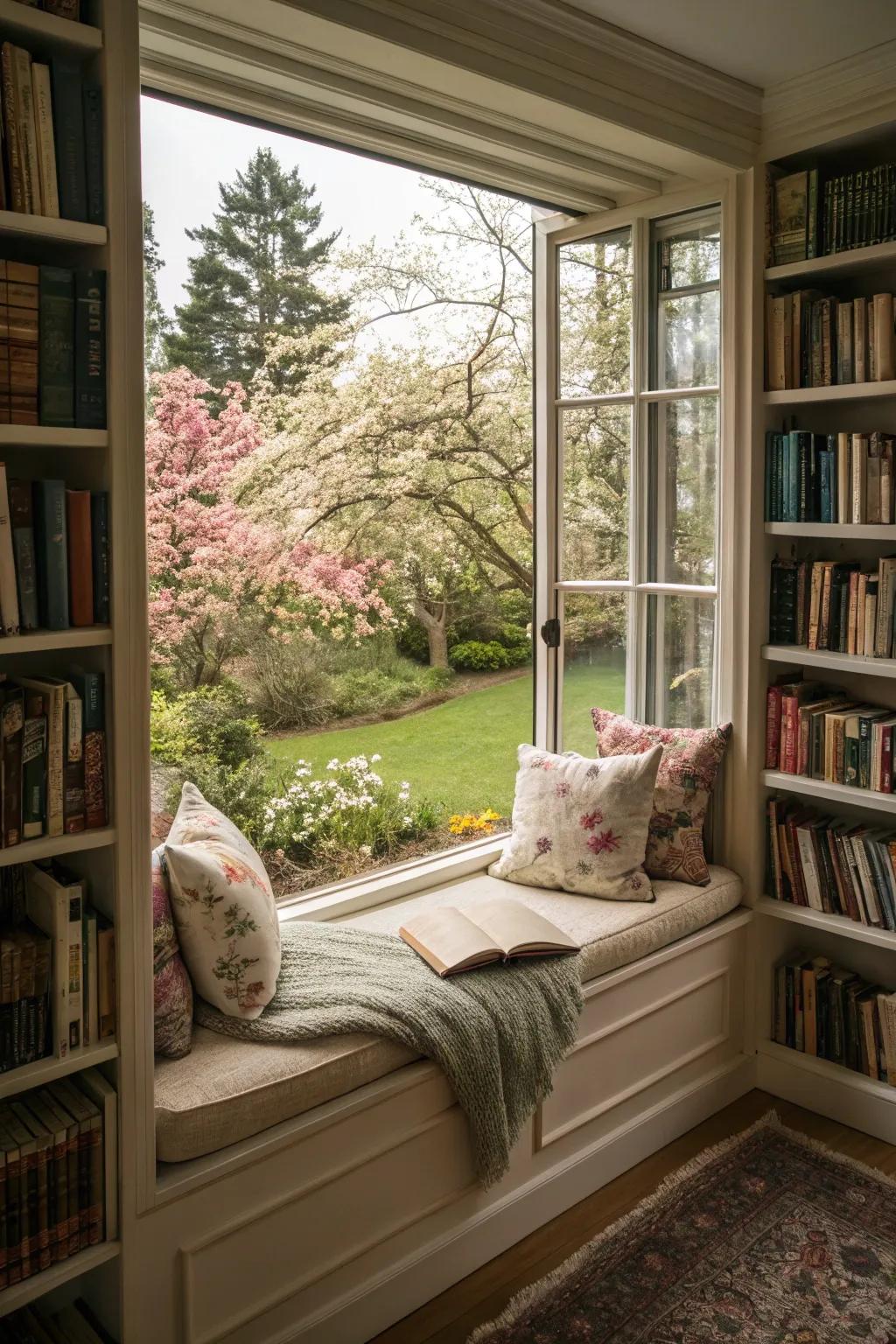 A window seat framed by bookshelves provides a comfortable spot to unwind and read.