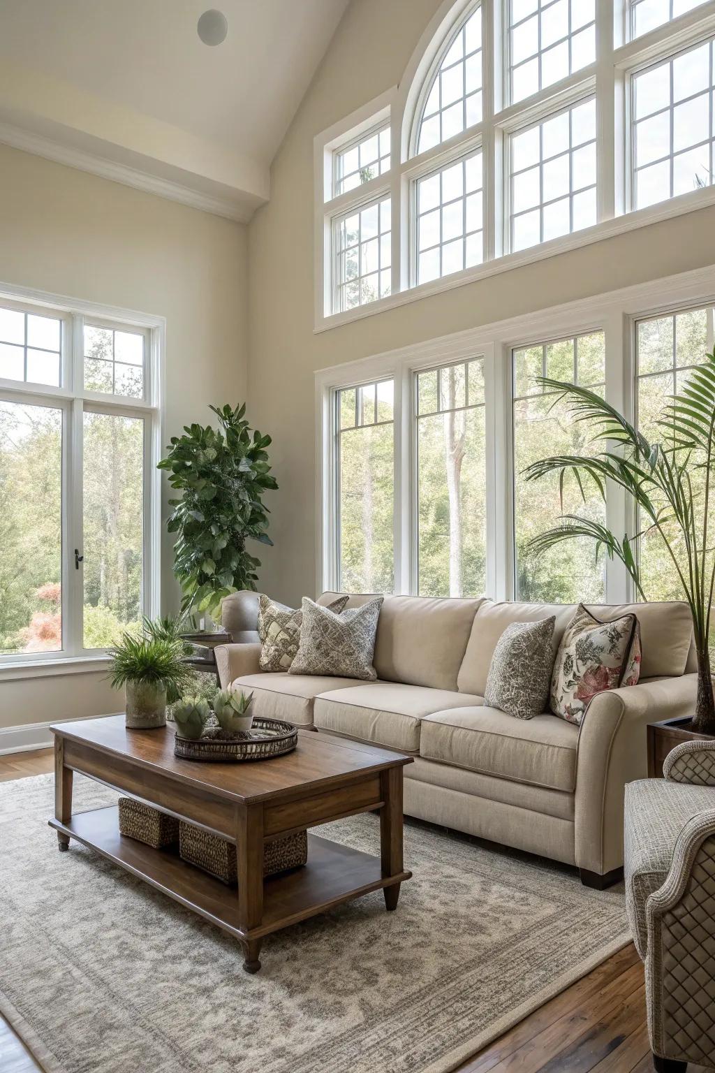 A harmonious subdued palette underscoring the spectacles visible through expansive windows.