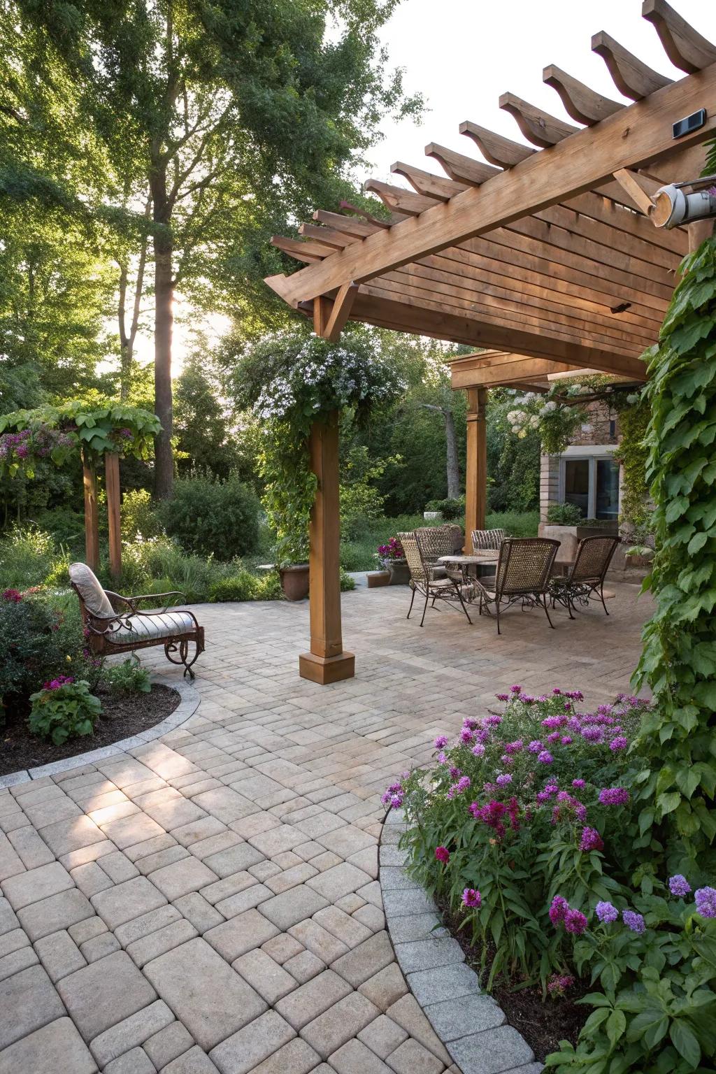 A pergola imparts both functionality and charm to this patio.