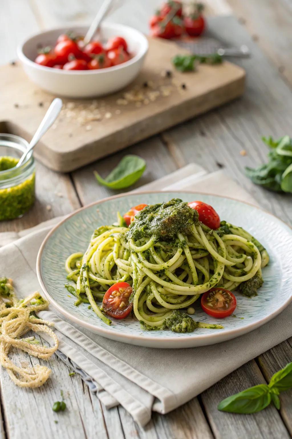 Zucchini noodles with pesto, a light and refreshing late-night option.