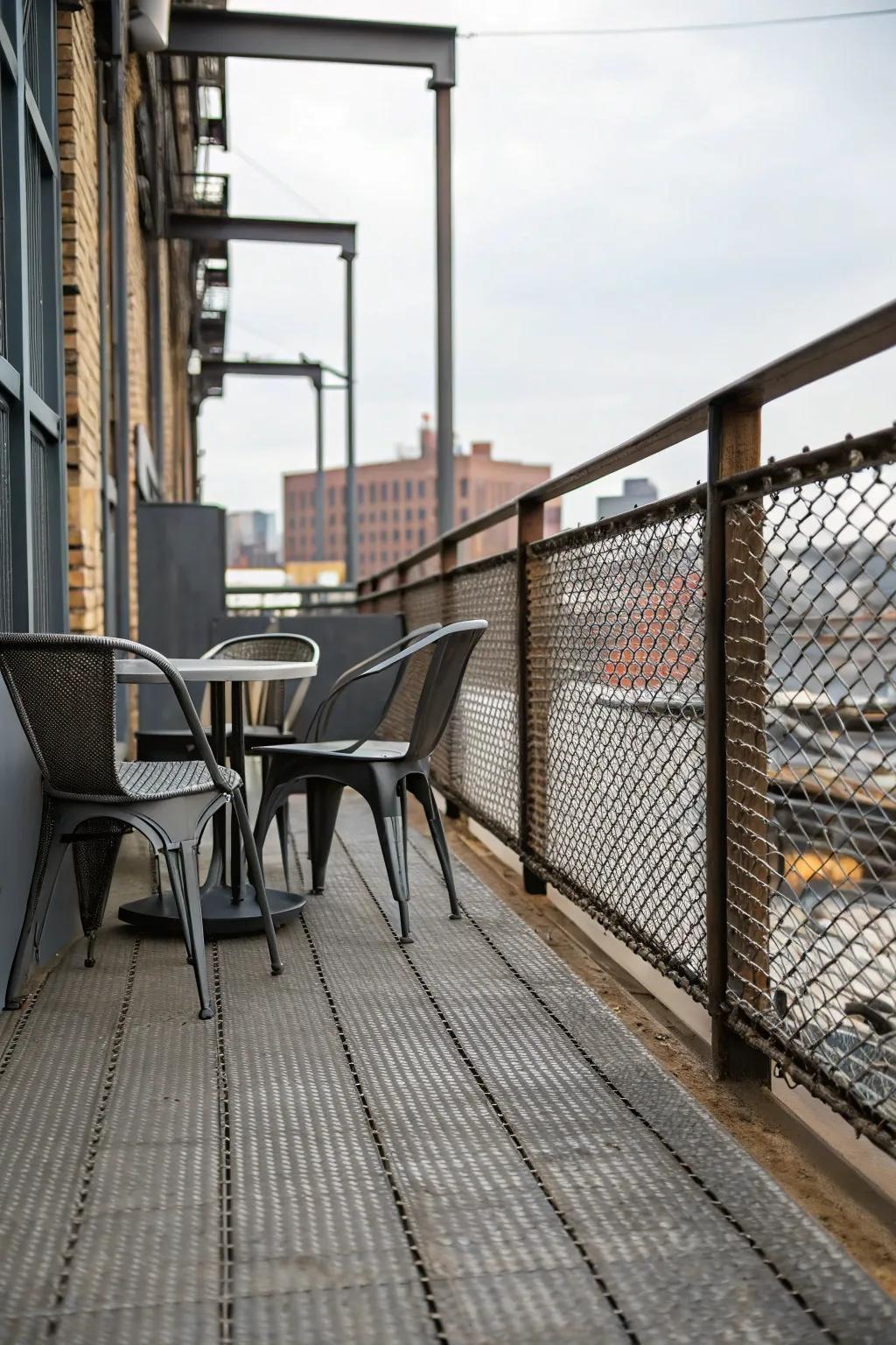Metallic netting skirting provides an industrial edge to this modern deck.