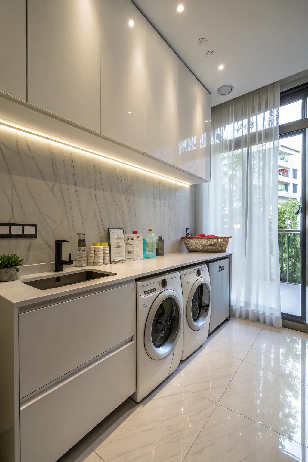 Under-cabinet lights introduce contemporary usefulness.